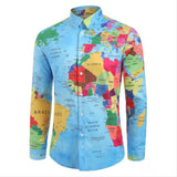 Breve Mapa del Mundo Impreso en 3D Camisa de Manga Larga Cuello Vuelto Camisa para Adultos Masculino