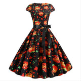 Halloween Disfraz Vestido de Manga Corta Estampada de Calabaza y Fantasma Vestido con Cinturón para Adultos Femenino