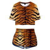 Top y Pantalones Cortos Estampado de Rayas de Tigre Ropa Casual de Verano 2 Piezas para Femenino